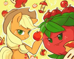 Size: 2199x1761 | Tagged: safe, artist:高纯度灰, derpibooru import, applejack, earth pony, pony, abstract background, apple, female, food, image, jpeg, looking at you, mare