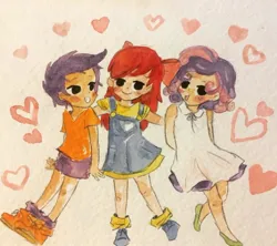 Size: 1080x959 | Tagged: safe, artist:arlenisanchezart, derpibooru import, apple bloom, scootaloo, sweetie belle, human, blushing, clothes, cutie mark crusaders, dress, humanized, image, jpeg, shirt, shorts, simple background, traditional art, watercolor painting, white background
