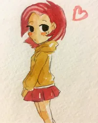 Size: 1080x1350 | Tagged: safe, artist:arlenisanchezart, derpibooru import, babs seed, human, blushing, clothes, heart, hoodie, humanized, image, jpeg, simple background, skirt, solo, traditional art, watercolor painting, white background