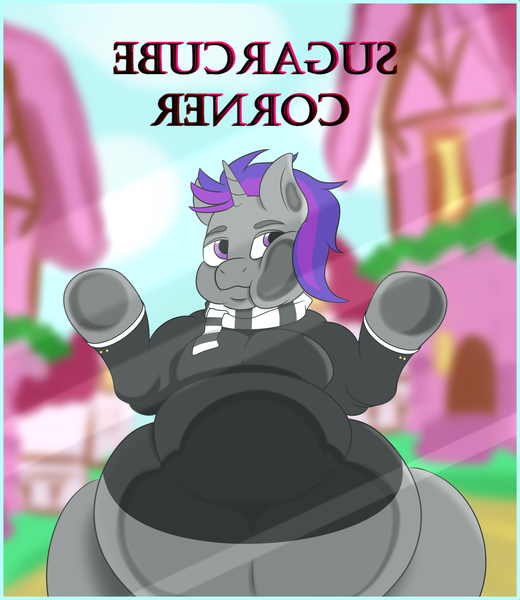 Size: 3020x3484 | Tagged: suggestive, artist:strange tartlet, derpibooru import, oc, oc:legacy lexston, pony, semi-anthro, against glass, belly, big belly, butt, chubby cheeks, commission, fat, fat fetish, fetish, glass, huge belly, huge butt, image, large butt, obese, png, solo, squishy cheeks, sugarcube corner, ych result