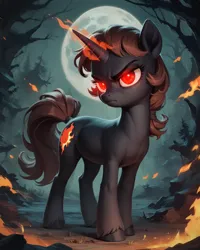 Size: 1024x1280 | Tagged: prompter needed, safe, ai content, derpibooru import, machine learning generated, stable diffusion, oc, unofficial characters only, pony, unicorn, black coat, brown mane, female, fire, frown, full body, full moon, glow, glowing eyes, horn, image, magic, magic aura, mare, moon, night, outdoors, png, red eyes, solo, tree, unshorn fetlocks