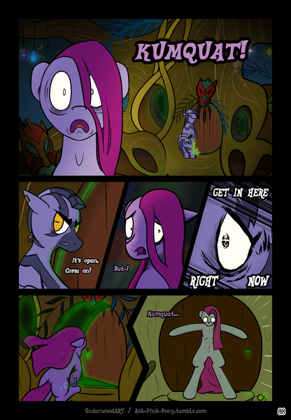 Size: 3238x4671 | Tagged: safe, artist:underwoodart, derpibooru import, pinkie pie, oc, oc:z'ian, pony, zebra, ask pink-pony, action lines, alternate universe, bag, comic, detailed background, dialogue, everfree forest, fear, g4, glow, golden eyes, image, pinkamena diane pie, png, running, saddle bag, zebra oc, zecora's hut