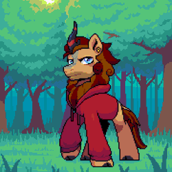 Size: 720x720 | Tagged: safe, artist:hikkage, derpibooru import, oc, oc:pixel cache, kirin, nirik, animated, clothes, ear piercing, earring, fire, forest, frown, gif, grass, hoodie, horn, image, jewelry, looking at you, mane, nature, outdoors, piercing, solo, sweater, tail, transformation, tree