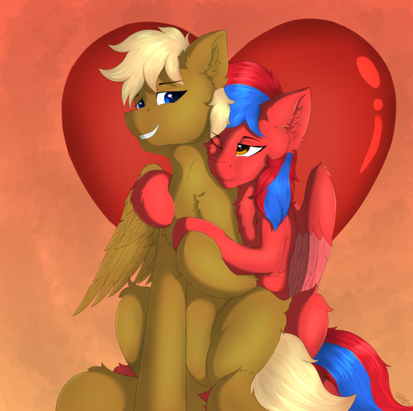 Size: 2609x2600 | Tagged: safe, artist:flapstune, derpibooru import, oc, oc:caramel crunch, oc:ivory flare, unofficial characters only, pony, chest fluff, colored wings, commission, ear fluff, female, fluffy, heart, heart background, hug, image, looking at each other, looking at someone, male, mare, png, signature, sitting, smiling, smiling at each other, spread wings, stallion, two toned mane, two toned wings, wings, ych result
