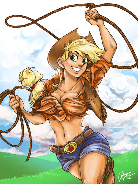 Size: 2540x3375 | Tagged: suggestive, artist:ddhew, derpibooru import, applejack, human, art pack:my little sweetheart, belly button, breasts, busty applejack, clothes, curvy, daisy dukes, female, front knot midriff, g4, grin, humanized, image, jpeg, lasso, midriff, my little sweetheart, rope, shorts, smiling, solo, solo female