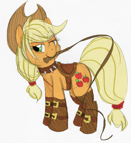 Size: 1263x1383 | Tagged: suggestive, artist:enigmaticfrustration, derpibooru import, applejack, earth pony, pony, applejack's hat, boots, clothes, collar, colored, cowboy hat, dominatrix, g4, hat, hoof boots, image, mouth hold, png, saddle, shoes, spiked collar, tack, whip