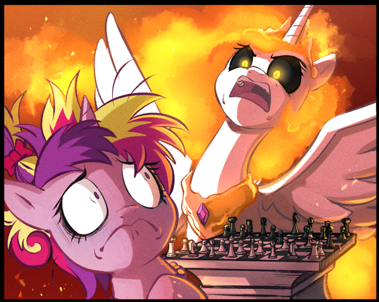 Size: 1500x1195 | Tagged: safe, artist:asura-00, artist:lummh, derpibooru import, daybreaker, princess cadance, alicorn, pony, comic:the princess of love, chess, chess piece, collaboration, duo, duo female, female, filly, filly cadance, frown, glow, glowing eyes, image, mane of fire, mare, messy mane, png, spread wings, wings, younger