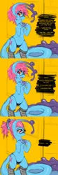 Size: 1000x3000 | Tagged: safe, artist:slugbox, derpibooru import, oc, oc:cteno, unofficial characters only, goo, goo pony, original species, pony, belly button, blushing, clothes, female, glasses, image, mare, png, ponytail, simple background, skinny, socks, solo, solo female, speech, speech bubble, strategically covered, talking, thin, yellow background