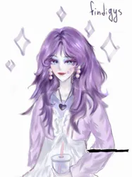 Size: 793x1060 | Tagged: safe, artist:findigys, derpibooru import, rarity, human, alternate hairstyle, cardigan, clothes, cup, dress, drink, drinking straw, ear piercing, earring, eyeshadow, face tattoo, female, humanized, image, jewelry, jpeg, lipstick, makeup, necklace, piercing, simple background, solo, tattoo, white background