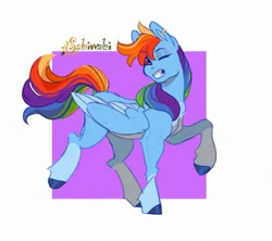 Size: 2341x2080 | Tagged: safe, artist:sabiwabii, derpibooru import, rainbow dash, pegasus, pony, coat markings, eyebrows, eyebrows visible through hair, female, grin, high res, image, jpeg, mare, missing cutie mark, one eye closed, passepartout, signature, simple background, smiling, socks (coat marking), solo, standing on two hooves, white background, wink