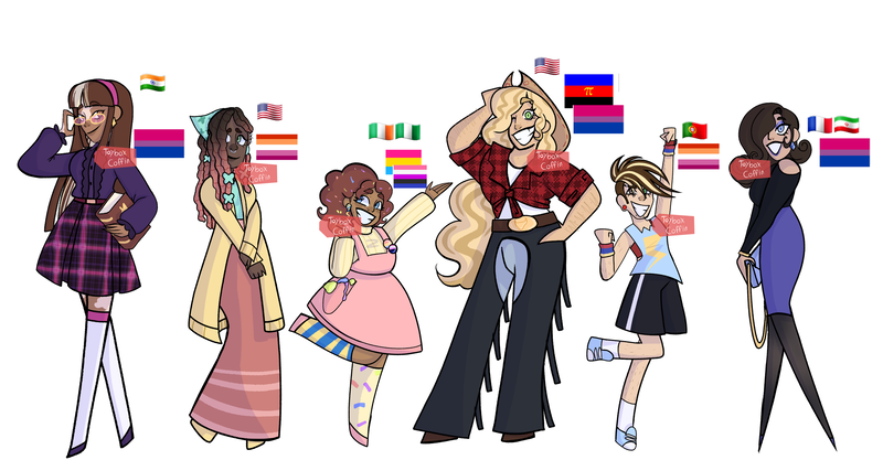 Size: 2948x1536 | Tagged: safe, artist:8-bitbagel, artist:toybox_coffin, derpibooru import, applejack, fluttershy, pinkie pie, rainbow dash, rarity, twilight sparkle, human, alternate hairstyle, applejack's hat, bag, bandana, belt, bisexual pride flag, book, chaps, clothes, converse, cowboy hat, dark skin, denim, dress, ear piercing, earring, eyeshadow, flannel, france, freckles, french, genderfluid, genderfluid pride flag, glasses, grin, hair over one eye, hairband, handbag, hat, high heels, humanized, image, india, indian, irish, jeans, jewelry, lesbian pride flag, makeup, mane six, mismatched socks, natural hair color, nose piercing, one eye closed, pansexual, pansexual pride flag, pants, piercing, png, polyamory pride flag, pride, pride flag, shirt, shoes, shorts, simple background, size difference, skirt, smiling, socks, sports bra, sports shorts, stockings, striped socks, thigh highs, vitiligo, wall of tags, white background, wink