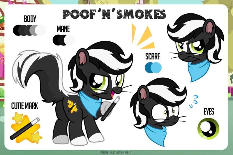 Size: 1200x798 | Tagged: safe, artist:jennieoo, derpibooru import, oc, hybrid, pony, skunk, skunk pony, cutie mark, eye, eyes, fluffy tail, gift art, happy, image, laughing, looking at you, looking back, magic wand, patreon, patreon reward, png, reference sheet, shocked, shocked expression, shocked eyes, show accurate, skunk tail, smiling, smiling at you, smug, solo, tail, vector
