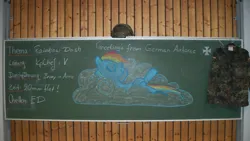 Size: 2000x1128 | Tagged: safe, artist:whatthescoots, rainbow dash, pegasus, pony, 2011, chalkboard, clothes, cloud, eyes closed, female, german, image, jpeg, mare, military, on back, photo, solo, traditional art, uniform