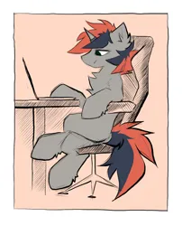 Size: 1745x2160 | Tagged: safe, artist:kejifox, derpibooru import, oc, oc:svetomech, unofficial characters only, pony, unicorn, armchair, beige background, chair, chest fluff, computer, hoof fluff, horn, horn ring, image, jewelry, laptop computer, male, picture, png, programming, ring, simple background, sitting, sketch, stallion, table