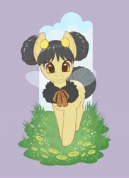 Size: 1490x2048 | Tagged: safe, artist:taytinabelle, derpibooru import, unnamed character, unnamed pony, oc, unnamed oc, unofficial characters only, bee, bee pony, hybrid, insect, original species, pony, bumblebee, cloud, cute, female, flower, grass, hair bun, hybrid oc, image, insect wings, jpeg, looking at you, mare, neck bow, pigtails, smiling, solo, wings