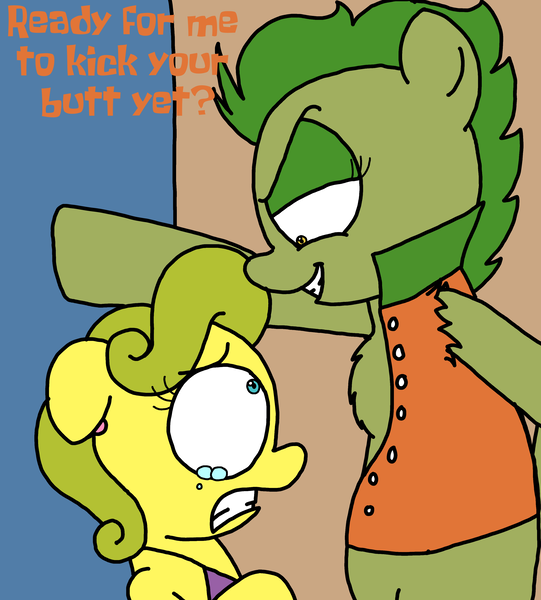 Size: 3023x3351 | Tagged: safe, artist:professorventurer, derpibooru import, oc, oc:bikini breeze, unofficial characters only, earth pony, pony, bikini, bikini top, chest fluff, clothes, cornered, crying, evil grin, female, flats the flounder, floppy ears, grin, image, mare, png, scared, smiling, spongebob squarepants, swimsuit, the bully