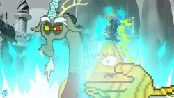 Size: 2048x1152 | Tagged: safe, alternate version, derpibooru import, discord, alternate ending, bill cipher, canterlot castle, death battle, death battle!: discord vs bill cipher, defeated, exploitable meme, gravity falls, grayscale, image, jpeg, meme, monochrome