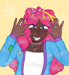 Size: 1091x1187 | Tagged: safe, artist:waterdogpizza, derpibooru import, pinkie pie, human, alternate hairstyle, braces, clothes, creepy, creepy smile, dark skin, female, gap teeth, grib, grin, humanized, image, jewelry, necklace, nose piercing, nose ring, piercing, png, ring, shirt, simple background, smiling, solo, yellow background