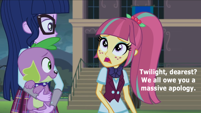 Size: 1333x751 | Tagged: safe, derpibooru import, edit, edited screencap, editor:incredibubbleirishguy, screencap, sci-twi, sour sweet, spike, spike the regular dog, twilight sparkle, dog, equestria girls, friendship games, alternate ending, apologetic, apology, female, g4, guilty, how it should have ended, image, png, redemption, reformed, sorry