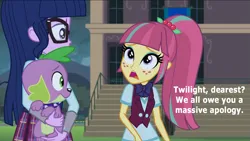 Size: 1333x751 | Tagged: safe, derpibooru import, edit, edited screencap, editor:incredibubbleirishguy, screencap, sci-twi, sour sweet, spike, spike the regular dog, twilight sparkle, dog, equestria girls, friendship games, alternate ending, apologetic, apology, female, g4, guilty, how it should have ended, image, png, redemption, reformed, sorry