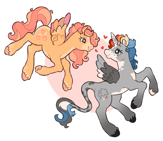 Size: 2048x1775 | Tagged: safe, artist:cocopudu, derpibooru import, oc, unofficial characters only, alicorn, pegasus, pony, g2, colored wings, commission, duo, duo female, female, floating heart, flying, heart, image, leonine tail, looking at each other, looking at someone, mare, multicolored wings, png, rainbow wings, rearing, simple background, smiling, smiling at each other, starry eyes, tail, unshorn fetlocks, white background, wingding eyes, wings