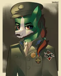 Size: 2400x3000 | Tagged: safe, artist:poxy_boxy, derpibooru import, oc, oc:well geboren, dog, dog pony, earth pony, hybrid, original species, pony, beard, clothes, equestria medal of honor, facial hair, high res, image, major wings, medals, png, ponytail, revised, shoulder patch, uniform, war thunder, wingman award