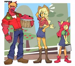 Size: 1080x951 | Tagged: safe, artist:diego_sodapop, derpibooru import, apple bloom, applejack, big macintosh, anthro, earth pony, apple, apple siblings, apple sisters, apple tree, boots, brother and sister, bucket, clothes, denim, dress, eyes closed, female, food, image, jeans, jpeg, male, pants, shoes, siblings, sisters, skirt, tongue out, tree