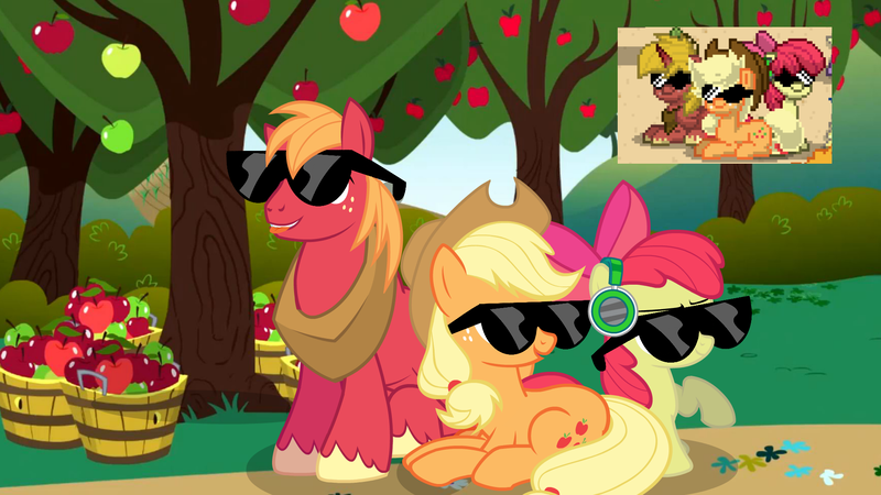 Size: 1920x1080 | Tagged: safe, artist:aidanproject, derpibooru import, apple bloom, applejack, big macintosh, earth pony, pony, pony town, apple, apple siblings, apple sisters, apple tree, biting, brother and sister, bucket, female, filly, foal, food, headphones, image, male, mare, png, raised hoof, reference used, show accurate, siblings, sisters, smiling, stallion, sunglasses, tongue bite, tree