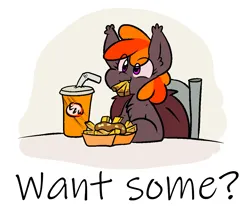 Size: 1134x935 | Tagged: safe, artist:zutcha, derpibooru import, oc, unofficial characters only, pony, bust, chest fluff, drink, eating, eye clipping through hair, female, food, french fries, image, mare, mouth hold, png, poutine, puffy cheeks, simple background, soda, solo, text, white background