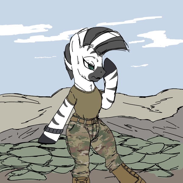 Size: 2048x2048 | Tagged: safe, artist:mare_enjoyer, derpibooru import, zecora, zebra, afghanistan, army, boots, camouflage, clothed ponies, clothes, image, png, shoes, solo, sweat, uniform, us army