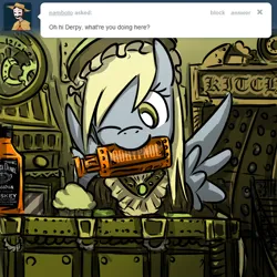 Size: 600x600 | Tagged: safe, artist:saturnspace, derpibooru import, derpy hooves, pegasus, alcohol, ask, ask clockwise whooves, bottle, food, g4, image, item in mouth, muffin, one eye closed, png, rohypnol, tumblr, whiskey