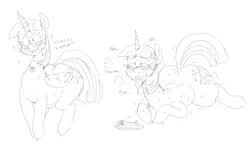Size: 2400x1400 | Tagged: safe, artist:mhdrawin, derpibooru import, twilight sparkle, alicorn, pony, ahegao, blushing, breath, butt, chilli, crying, cutie mark, dialogue, drool, fat, female, food, g4, glasses, grin, hooves, horn, huge butt, image, large butt, lidded eyes, lying down, mare, nervous, nervous grin, nervous sweat, on the floor, onomatopoeia, open mouth, pet collar, plate, png, prone, shaking, simple background, single tear, sketch, sketch dump, smiling, spicy, spread legs, spreading, sweat, tail, tongue out, twibutt, white background, wide hips, wings