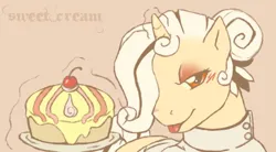 Size: 641x354 | Tagged: suggestive, derpibooru import, oc, oc:sweet cream, unicorn, ask sweet cream, cake, chef, chef outfit, cherry, female, female oc, food, frosting, glow, glowing horn, horn, image, jpeg, solo, solo female, tongue out, unicorn oc