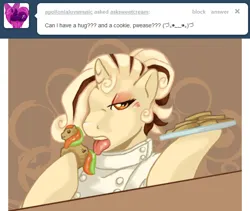 Size: 640x541 | Tagged: suggestive, derpibooru import, oc, oc:sweet cream, unicorn, ask sweet cream, ask, chef, chef outfit, cookie, female, food, horn, image, jpeg, licking, plate, solo, solo female, solo unicorn, tongue out, tumblr
