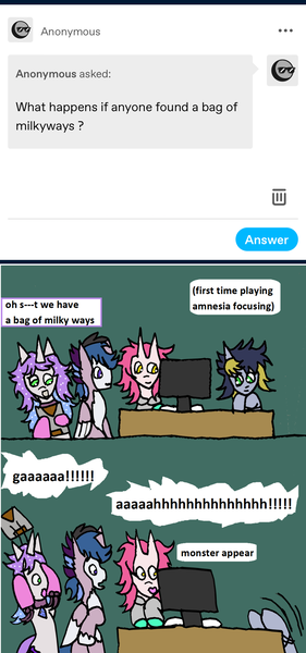 Size: 1000x2139 | Tagged: safe, artist:ask-luciavampire, derpibooru import, oc, earth pony, pegasus, pony, unicorn, amnesia: the dark descent, ask, horn, image, png, tumblr, video game