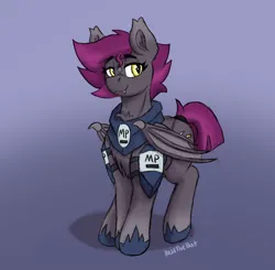 Size: 2284x2240 | Tagged: safe, artist:reddthebat, derpibooru import, oc, oc:selena (reddthebat), unofficial characters only, bat pony, pony, armor, bat pony oc, bat wings, female, freckles, gradient background, guardsmare, high res, image, jpeg, lidded eyes, mare, military police, night guard, royal guard, signature, smiling, solo, unshorn fetlocks, wings