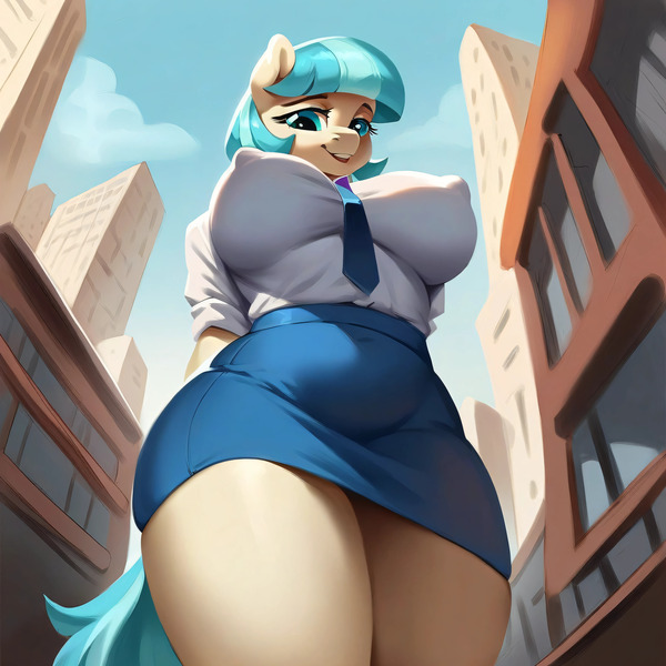 Size: 4096x4096 | Tagged: suggestive, ai content, derpibooru import, machine learning generated, stable diffusion, coco pommel, anthro, big breasts, breasts, building, busty coco pommel, city, clothes, curvy, erect nipples, eyelashes, female, from below, g4, generator:purplesmart.ai, giantess, hands behind back, huge breasts, image, jpeg, looking at you, looking down, looking down at you, macro, nipple outline, office lady, prompter:argusx, skirt, solo, solo female, story included, wide hips