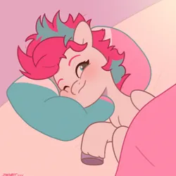 Size: 2480x2480 | Tagged: safe, artist:starburstuwu, derpibooru import, zipp storm, pegasus, pony, g5, adorazipp, bed, bed hair, bed mane, blanket, blushing, cute, female, high res, image, jpeg, looking at you, mare, messy mane, morning ponies, on bed, one eye closed, pillow, smiling, smiling at you, solo, unshorn fetlocks