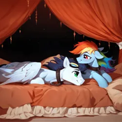 Size: 4096x4096 | Tagged: safe, ai content, derpibooru import, machine learning generated, prompter:*rainbow dash*, stable diffusion, rainbow dash, soarin', bed, bedroom, chains, female, g4, generator:purplesmart.ai, image, male, png, shipping, slave, slave collar, soarindash, straight