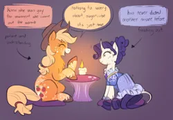 Size: 2048x1423 | Tagged: safe, artist:churrokat, derpibooru import, applejack, rarity, classical unicorn, earth pony, pony, unicorn, alternate design, alternate hairstyle, alternate tailstyle, applejack's hat, blonde mane, blonde tail, body freckles, candle, candlelight, candlelight dinner, chest fluff, clothes, cloven hooves, colored hooves, colored muzzle, colored sketch, cowboy hat, curly mane, curly tail, curved horn, cushion, dialogue, dinner, dress, ear fluff, eyebrows, eyebrows visible through hair, facial markings, fancy dress, female, fetlock tuft, freaking out, freckles, g4, gown, gradient background, grin, hair bun, hat, height difference, horn, image, leg freckles, leonine tail, lesbian, mare, mealy mouth (coat marking), motion lines, nervous, nervous grin, nervous sweat, open mouth, open smile, orange coat, physique difference, png, ponytail, profile, purple mane, purple tail, raised hoof, rarijack, redesign, ringlets, shipping, shrunken pupils, sitting, sketch, smiling, speech bubble, splotches, straight mane, straight tail, sweat, tail, talking, text, tied mane, tied tail, unicorn horn, unshorn fetlocks, wall of tags, white coat, wide eyes