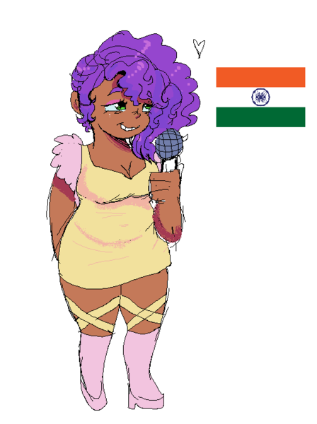 Size: 541x724 | Tagged: safe, artist:kreeeeeez, artist:kryzies, derpibooru import, pipp petals, human, g5, cyan eyes, heart, human coloration, humanized, image, indian, microphone, pink shoes, pink socks, png, purple hair, simple background, smiling, solo, white background, yellow dress