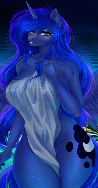 Size: 1200x2300 | Tagged: suggestive, artist:alicesmitt31, derpibooru import, princess luna, alicorn, anthro, blushing, breasts, female, horn, image, looking at you, png, solo, solo female, towel, wings