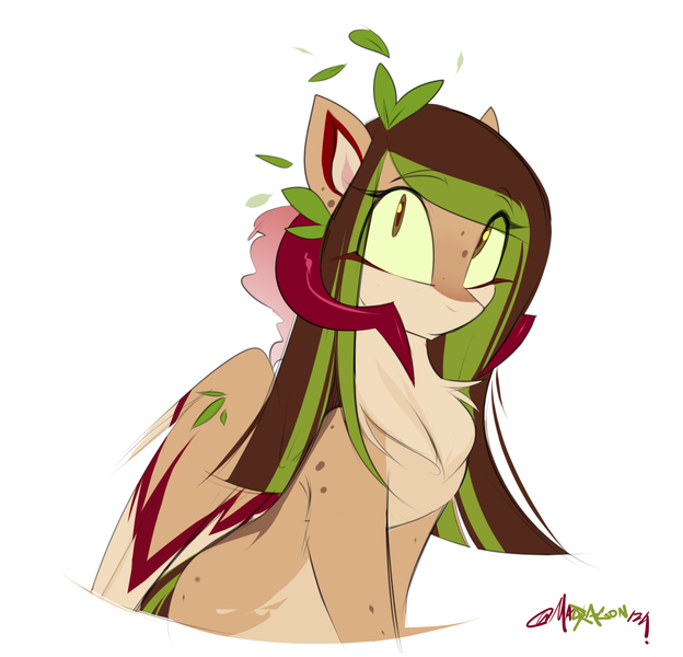 Size: 1417x1362 | Tagged: safe, artist:madragon, derpibooru import, oc, oc:helemaranth, pegasus, chest fluff, cute, female oc, freckles, horns, image, leaves, leaves in hair, looking at you, pegasus oc, png, shy, simple background, solo, white background, wings