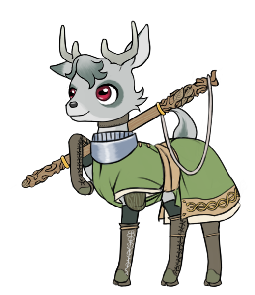 Size: 1269x1466 | Tagged: safe, artist:multiverseequine, derpibooru import, oc, oc:sycamore, unofficial characters only, deer, pony, antlers, armor, boots, buck, choker, clothes, colored eartips, deer oc, derpibooru exclusive, full body, grey hair, horizontal pupils, image, male, non-pony oc, png, red eyes, robe, shoes, shoulder pads, simple background, solo, staff, standing, tail, transparent background, weapon, writing