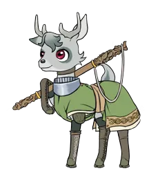 Size: 1269x1466 | Tagged: safe, artist:multiverseequine, derpibooru import, oc, oc:sycamore, unofficial characters only, deer, pony, antlers, armor, boots, buck, choker, clothes, colored eartips, deer oc, derpibooru exclusive, full body, grey hair, horizontal pupils, image, male, non-pony oc, png, red eyes, robe, shoes, shoulder pads, simple background, solo, staff, standing, tail, transparent background, weapon, writing