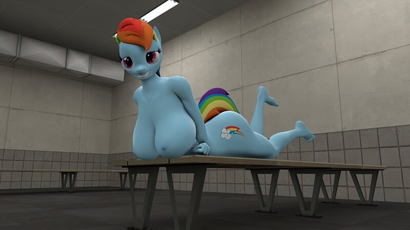 Size: 1920x1080 | Tagged: questionable, artist:novaparadox, part of a set, rainbow dash, anthro, pegasus, plantigrade anthro, 3d, bedroom eyes, bench, big breasts, breasts, busty rainbow dash, complete nudity, crossed arms, cutie mark, feet, female, grin, huge breasts, image, indoors, jpeg, large butt, legs in air, prone, smiling, solo, source filmmaker, tail, wasp waist, wingless, wingless anthro