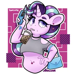 Size: 4000x4000 | Tagged: safe, artist:partypievt, derpibooru import, starlight glimmer, anthro, unicorn, bag, belly button, belly piercing, bubble tea, clothes, drink, ear piercing, earring, hand on hip, handbag, horn, image, jewelry, looking back, looking up, mobile phone, phone, piercing, png, redraw, sassy, short shirt, shoulderless, simple background, solo