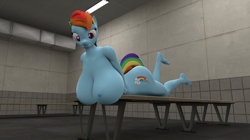Size: 1920x1080 | Tagged: questionable, artist:novaparadox, part of a set, rainbow dash, anthro, pegasus, plantigrade anthro, bench, big breasts, breast expansion, breasts, busty rainbow dash, butt expansion, complete nudity, crossed arms, cutie mark, feet, female, grin, growth, huge breasts, image, indoors, jpeg, large butt, legs in air, looking down, prone, smiling, solo, tail, wingless, wingless anthro