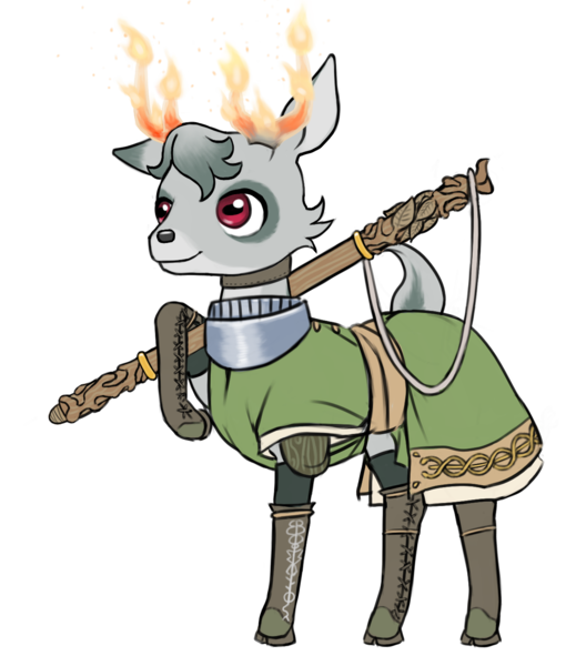 Size: 1269x1466 | Tagged: safe, alternate version, artist:multiverseequine, derpibooru import, oc, oc:sycamore, unofficial characters only, deer, pony, antlers, armor, boots, buck, choker, clothes, colored eartips, deer oc, derpibooru exclusive, fire, full body, grey hair, horizontal pupils, image, male, non-pony oc, on fire, png, red eyes, robe, shoes, shoulder pads, simple background, solo, staff, standing, tail, transparent background, weapon, writing