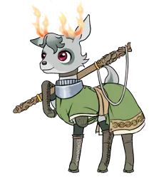 Size: 1269x1466 | Tagged: safe, alternate version, artist:multiverseequine, derpibooru import, oc, oc:sycamore, unofficial characters only, deer, pony, antlers, armor, boots, buck, choker, clothes, colored eartips, deer oc, derpibooru exclusive, fire, full body, grey hair, horizontal pupils, image, male, non-pony oc, on fire, png, red eyes, robe, shoes, shoulder pads, simple background, solo, staff, standing, tail, transparent background, weapon, writing